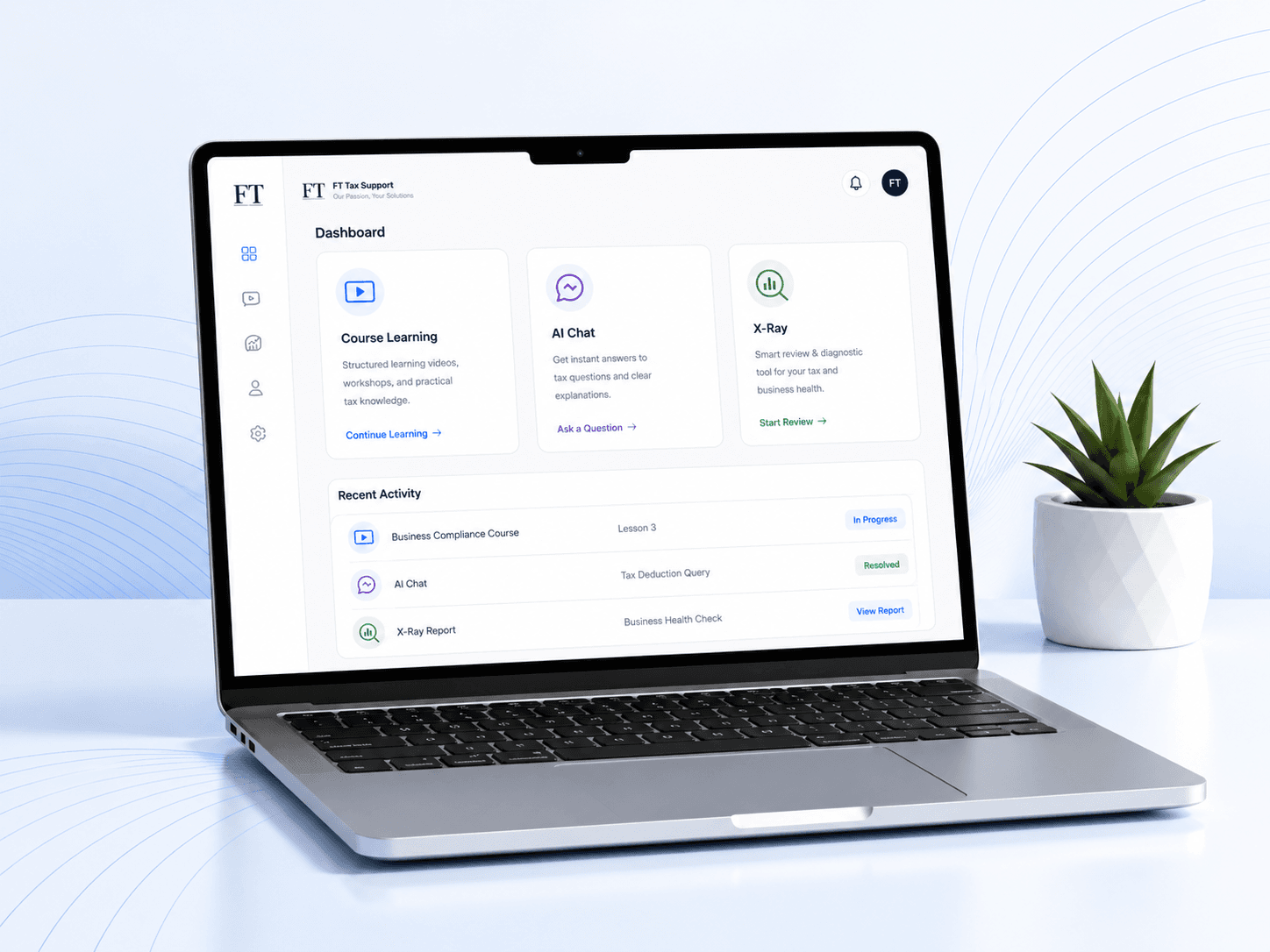 FT Tax Support product dashboard on laptop